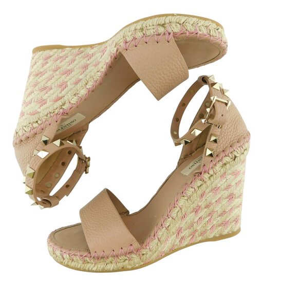 New VALENTINO Rockstud Nude Beige Espadrille Wedge Ankle Strap Sandals 37 - Picture 5 of 10